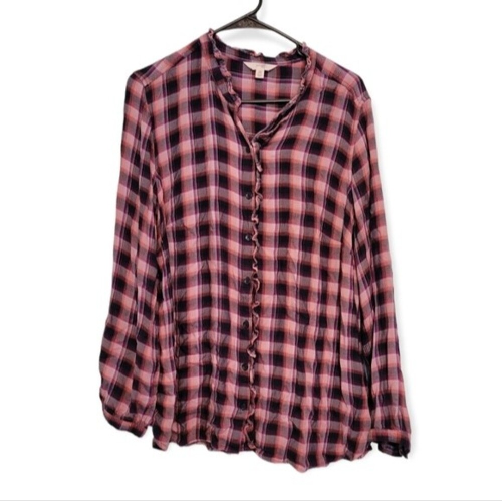 Terra & Sky Pink & Black Ruffle Plaid Top Size 0X